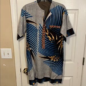 Elegant Women's Tunic in Blue and Gold Pattern